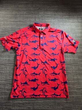 Waggle Men's Shark Attack Golf Polo Shirt Firestone Country Club Red Size L